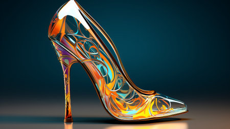 High heel shoe on a blue background. 3d render illustration.の素材