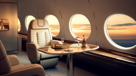Interior of airplane with seats, table and chairs. 3d renderingの素材
