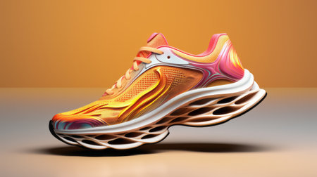 3d rendering of a running shoes on an orange background with shadowの素材