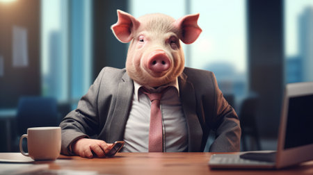 business, people and finance concept - businessman with piggy in officeの素材