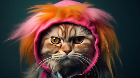 Portrait of a cat with orange hair in a pink wig.の素材