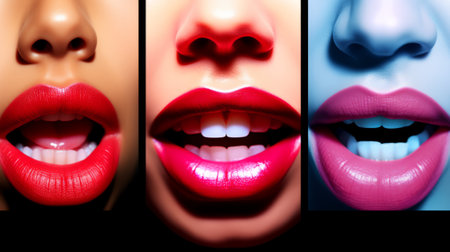 Collage with beautiful female lips and mouth in different colors, close upの素材
