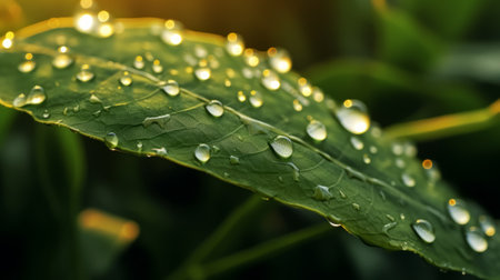 Water drops on green leaf in the morning. Shallow depth of field.の素材
