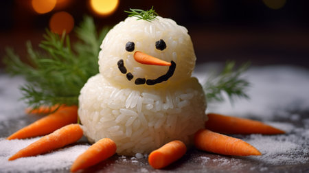 Snowman made of rice and carrot on a dark background with bokehの素材