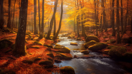 Autumn forest with a stream in the foreground. Digital painting.の素材