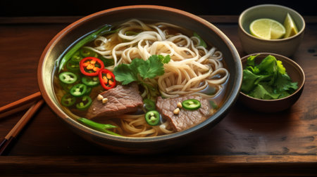 japanese ramen noodle soup in bowl on wooden tableの素材