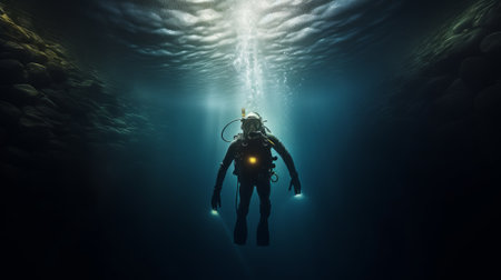 Underwater scuba diver in deep water. 3d rendering.の素材