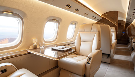 Interior of a commercial airplane with seats and a view of the mountainsの素材