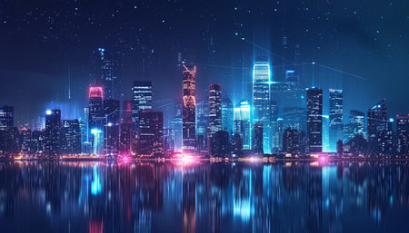 Night cityscape with skyscrapers and glowing lights. Double exposureの素材