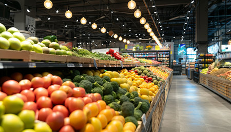 Variety of fresh fruits and vegetables on the shelves in the supermarketの素材