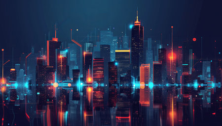 Abstract night city background with neon lights. Futuristic concept. 3D Renderingの素材