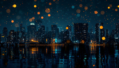 Cityscape at night with lights and reflections on water. Mixed mediaの素材