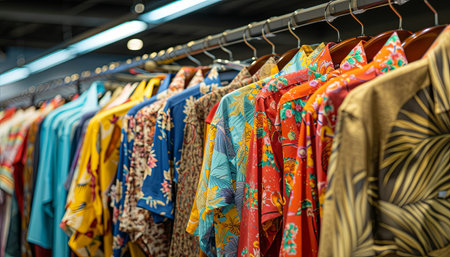 Colorful clothes on hangers in a fashion store. Selective focus.の素材