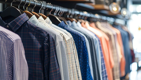 Men's shirts on hangers in a fashion store. Shopping conceptの素材