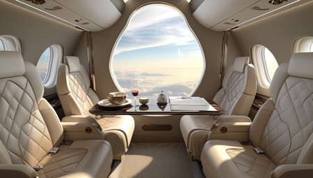 Interior of the plane. View from the window. 3D renderingの素材