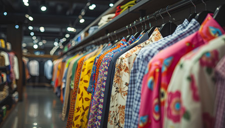 clothing on hangers in a fashion store, Blurred backgroundの素材