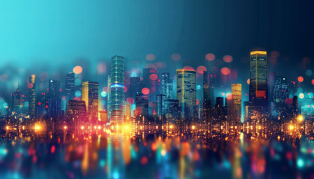 Cityscape at night with bokeh lights, 3d renderingの素材