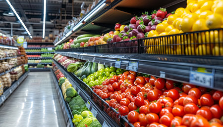 Supermarket shelves with fresh fruits and vegetables. Supermarket aisle with fresh vegetables.の素材