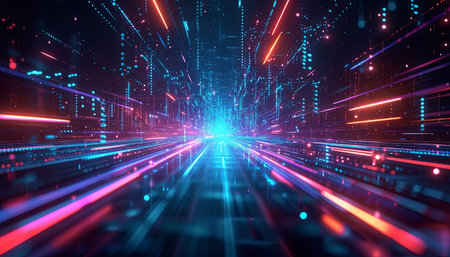 3d illustration of abstract technology background with glowing neon lines. 3d renderingの素材