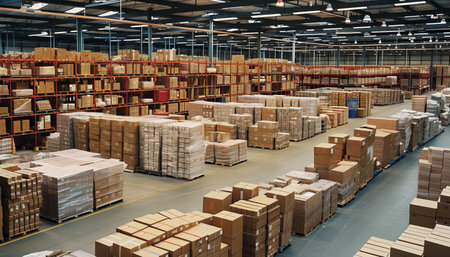 Warehouse interior with shelves and rows of boxes. Industrial background.の素材