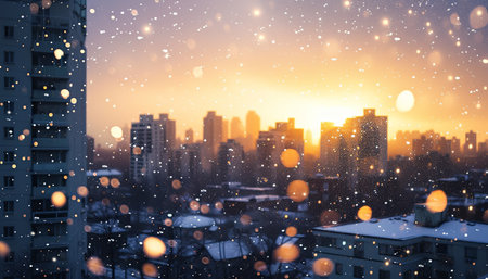 Cityscape at sunset with snowflakes. 3D rendering.の素材