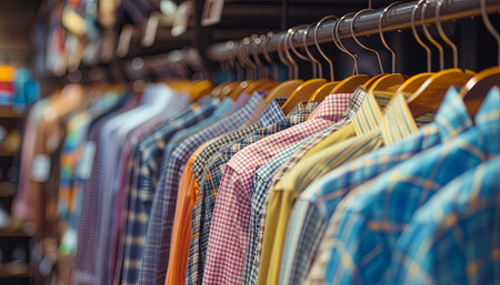 Men's shirts on a hanger in a shop. Shallow depth of fieldの素材