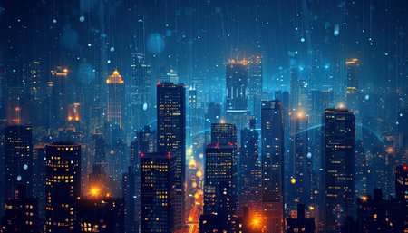 Cityscape at night with glowing lights and skyscrapers, illustrationの素材