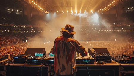 DJ playing music at a live concert in front of the crowd.の素材
