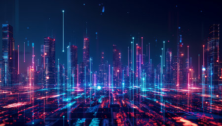Futuristic city at night with neon lights. 3d renderingの素材