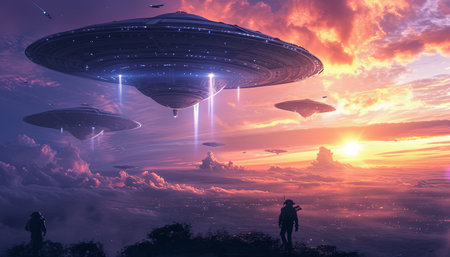 Alien spaceship in the sky. 3D render. Fantasy illustration.の素材
