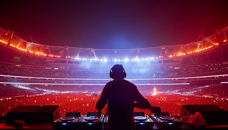 DJ playing music on the dj's deck at a nightclub with lightsの素材