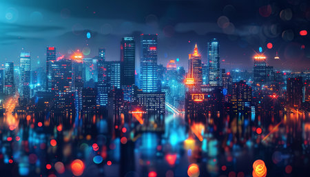 Cityscape with skyscrapers and lights at night. 3d renderingの素材