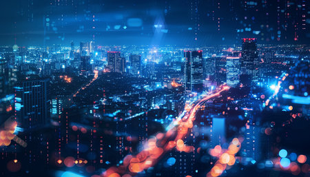 Abstract night city with lights and high-rise buildings. 3D renderingの素材