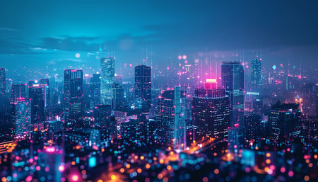 Cityscape at night with glowing lights, 3d rendering toned imageの素材