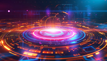 Abstract technology background with glowing lines and circles. 3d rendering toned imageの素材