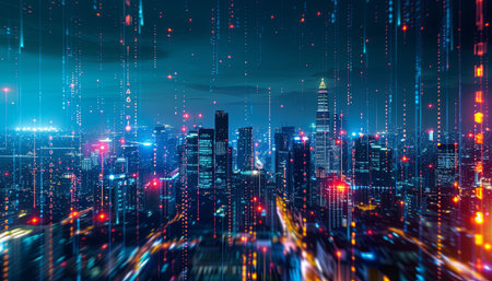Futuristic city at night with binary code, 3D renderingの素材