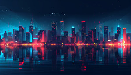 Night cityscape with neon lights and reflection on water. Vector illustrationの素材