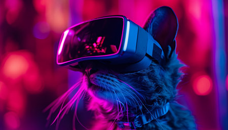 Cat wearing virtual reality glasses in a nightclub. Colorful lights on background.の素材