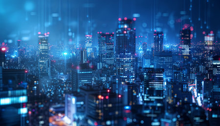 Modern cityscape at night with digital hologram. 3D renderingの素材
