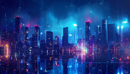 Night city with illuminated skyscrapers and neon lights. Vector illustrationの素材