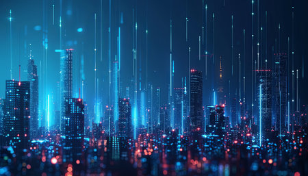 Futuristic cityscape with glowing lines. 3D Renderingの素材