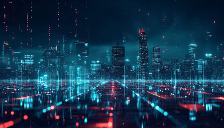Futuristic city with glowing neon lights. 3D Renderingの素材
