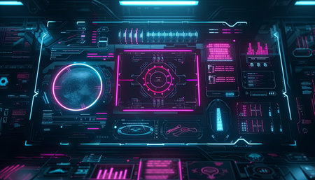 Futuristic HUD interface on dark background 3D rendering toned image double exposureの素材