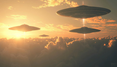 Flying saucers in the sky. 3d render illustration.の素材