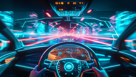 Futuristic interior of a car with neon lights. 3d renderingの素材