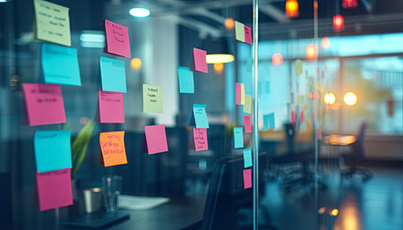 Sticky notes on glass wall in office. Business planning concept.の素材