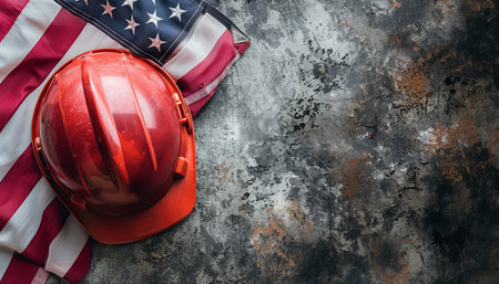 Helmet and American flag on rusty metal background. Labor day concept.の素材
