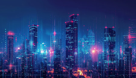 Modern cityscape with skyscrapers and digital interface. 3D Renderingの素材