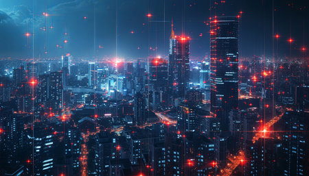 Modern cityscape at night with red lights and digital interface. Technology conceptの素材