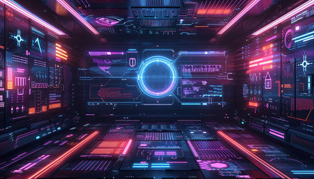 Futuristic dark blue and purple spaceship interior with glowing HUD elements 3D renderingの素材